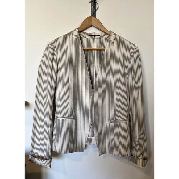 Theory White Navy Pinstripe Lanai Canvas Open Front Blazer Size 10 - Picture 2 of 8